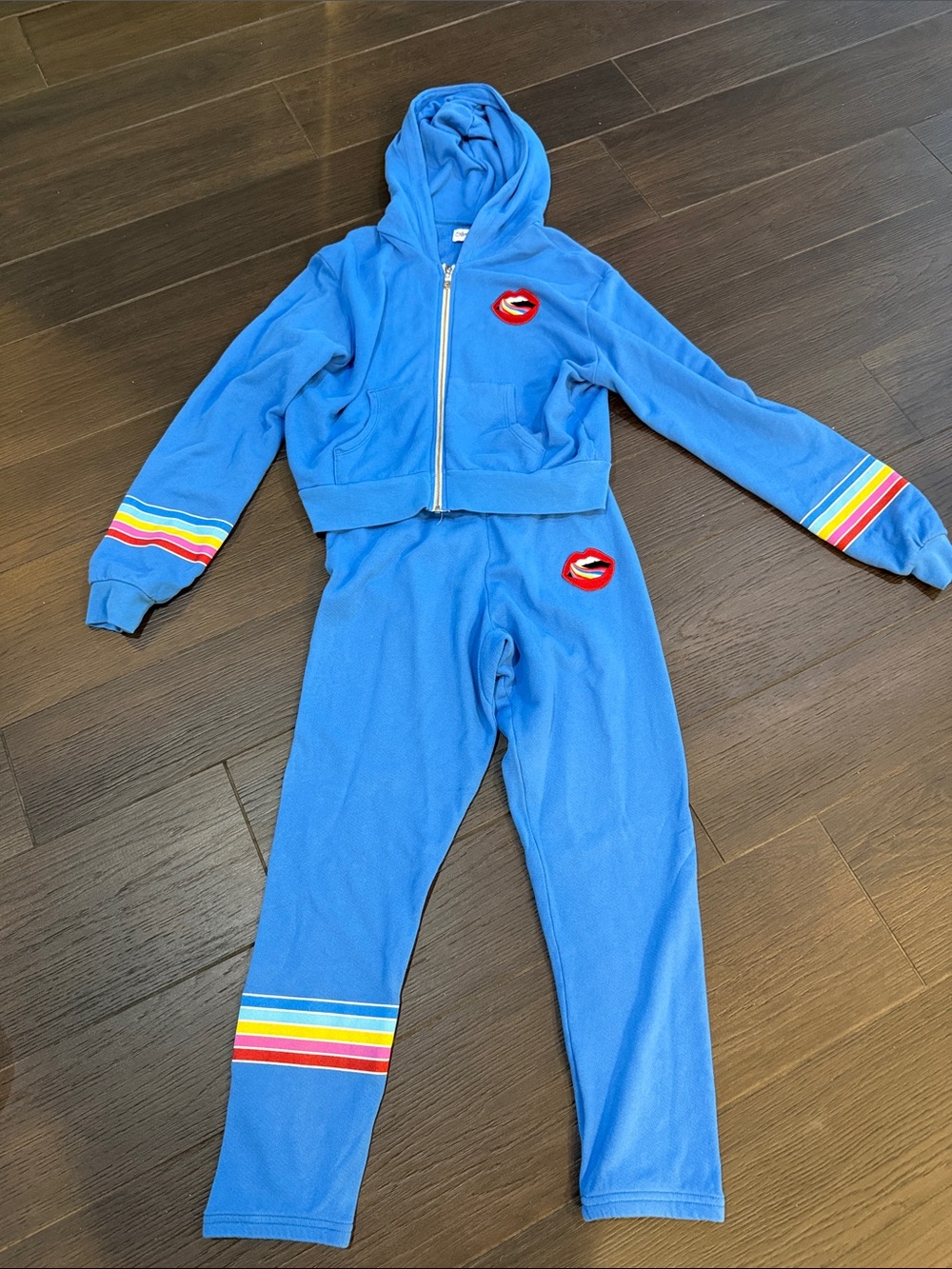 Lauren Moshi Royal Blue Zip Hoodie and pants  with Rainbow Lip Patch